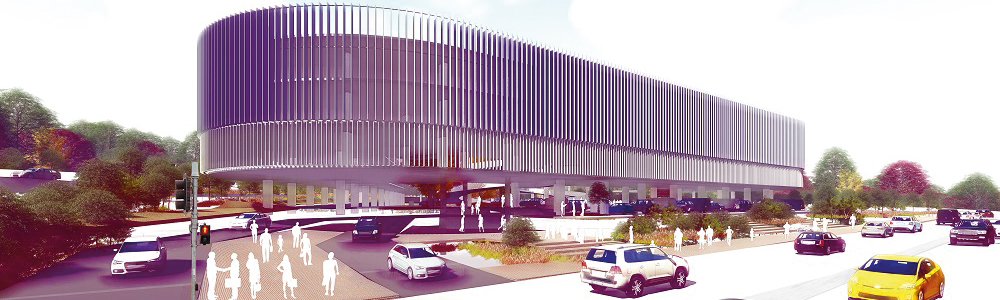 Artist impression of Springfield Central station park 'n' ride showing the carpark, people on footpath and surrounding roads.