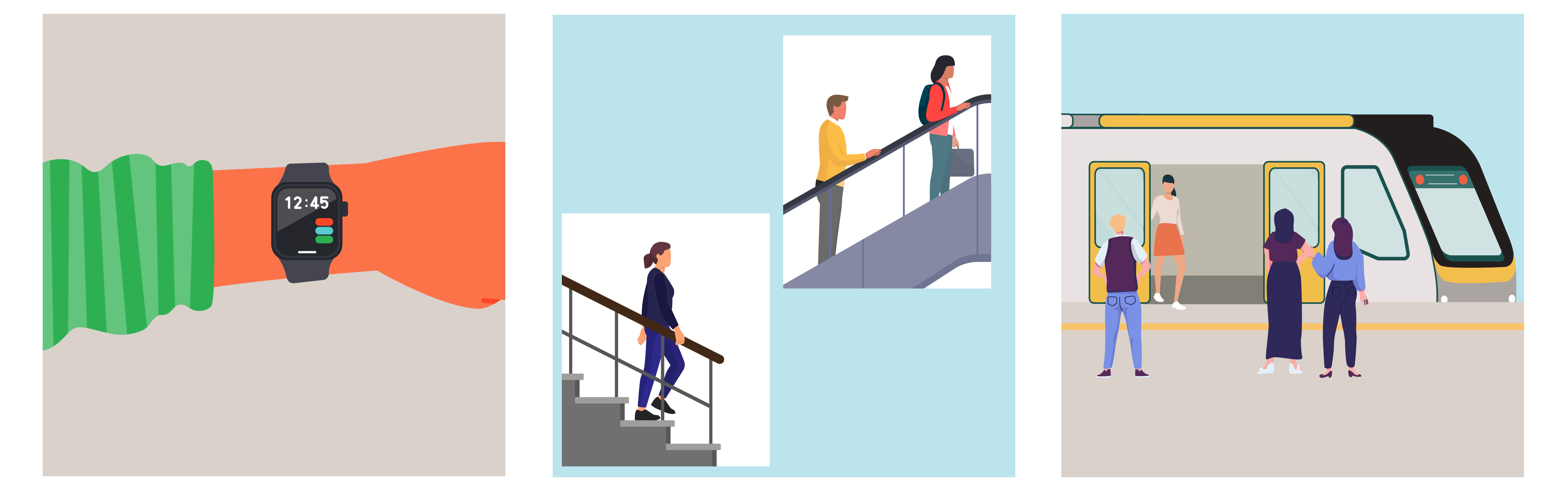 Looking down at a wrist watch, people holding the handrails on stairs and escalators, people waiting for a customer to disembark