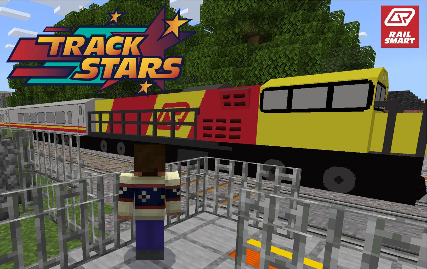 A screenshot from the Trck Stars! game. Several characters standing at a level crossing watching a Queensland Rail train pass by