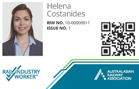Image of a Rail Industry Work card, depicts a photo of the cardholder, their full name, RIW number, issue number and QR Code